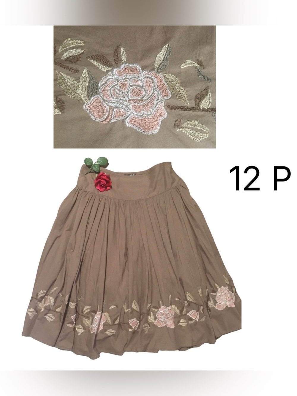 a.n.a Pleated Mocha Mousse Cotton Full Skirt Floral Rosette Embroidery 12 Petite